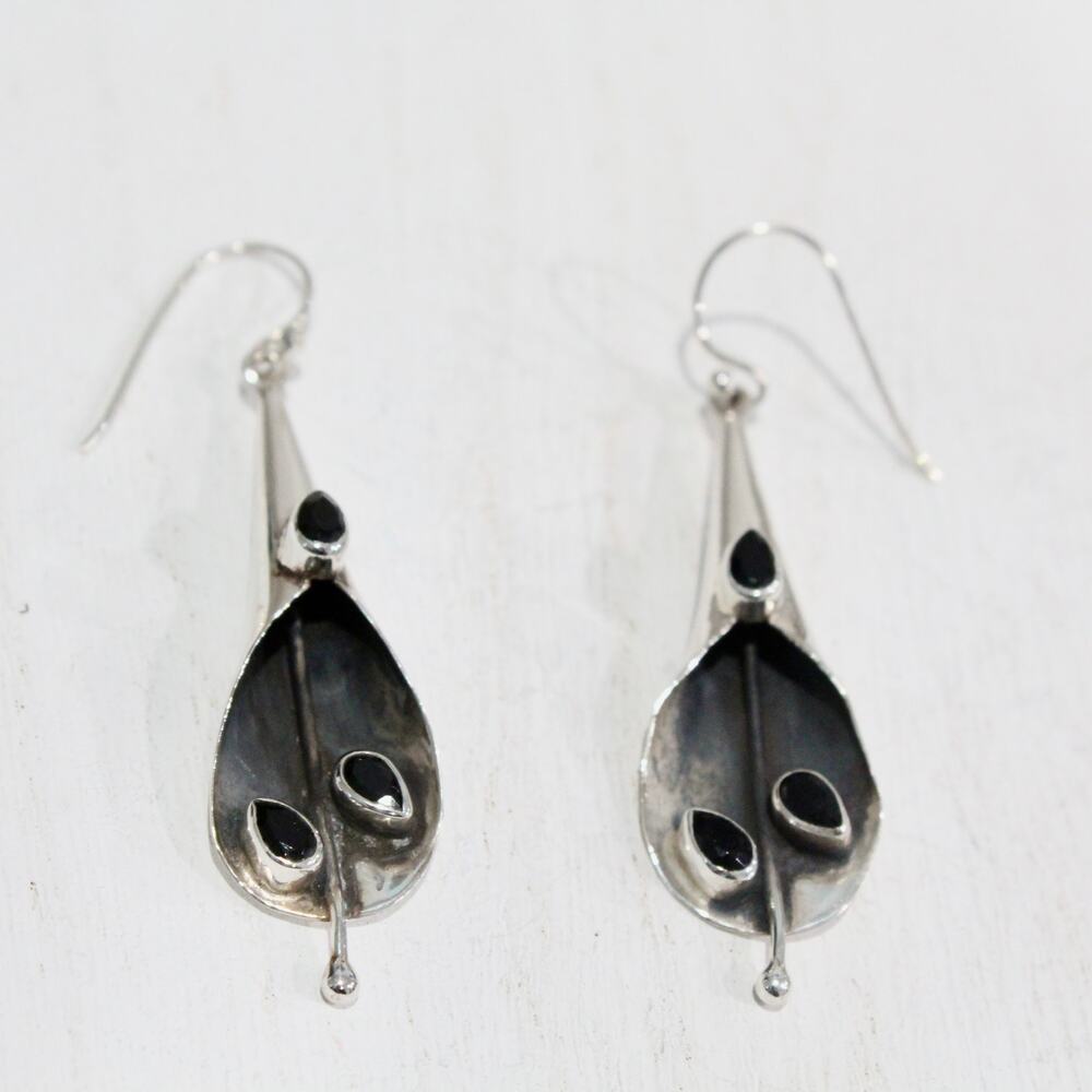 Vintage Artisan Handcrafted Sterling Silver Botanical Black Onyx Dangle Earrings